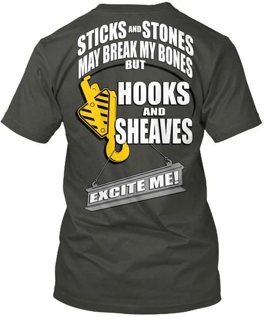 Crane Rigger Hooks Sheaves Left Chest T-Shirt Made in the USA Size S to 5XL