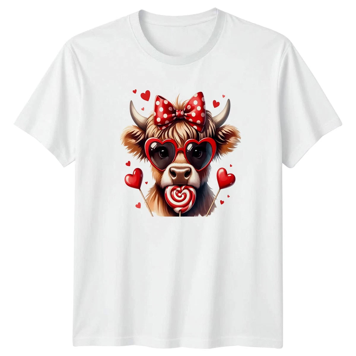 Cute Highland Cow Wearing Heart Womens T-Shirt Highland Cow Valentines Day