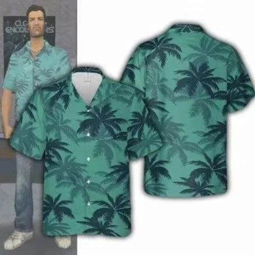 Mens Button Down Teal Palm Tree Silhouette Hawaiian Top Novelty Summer Shirt