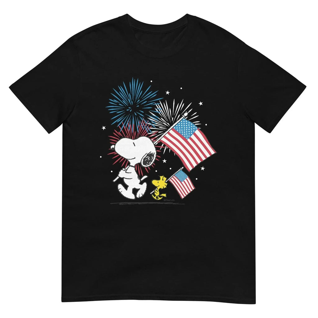 Peanut Sno0py Woodstock American Flag Fireworks T-Shirt 4th of July Unisex Tee