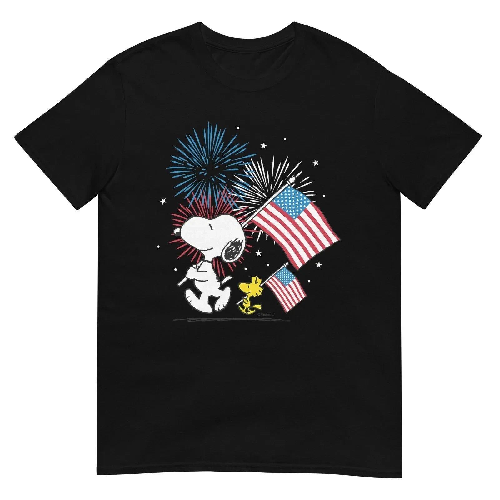 Peanut Sno0py Woodstock American Flag Fireworks T-Shirt 4th of July Unisex Tee