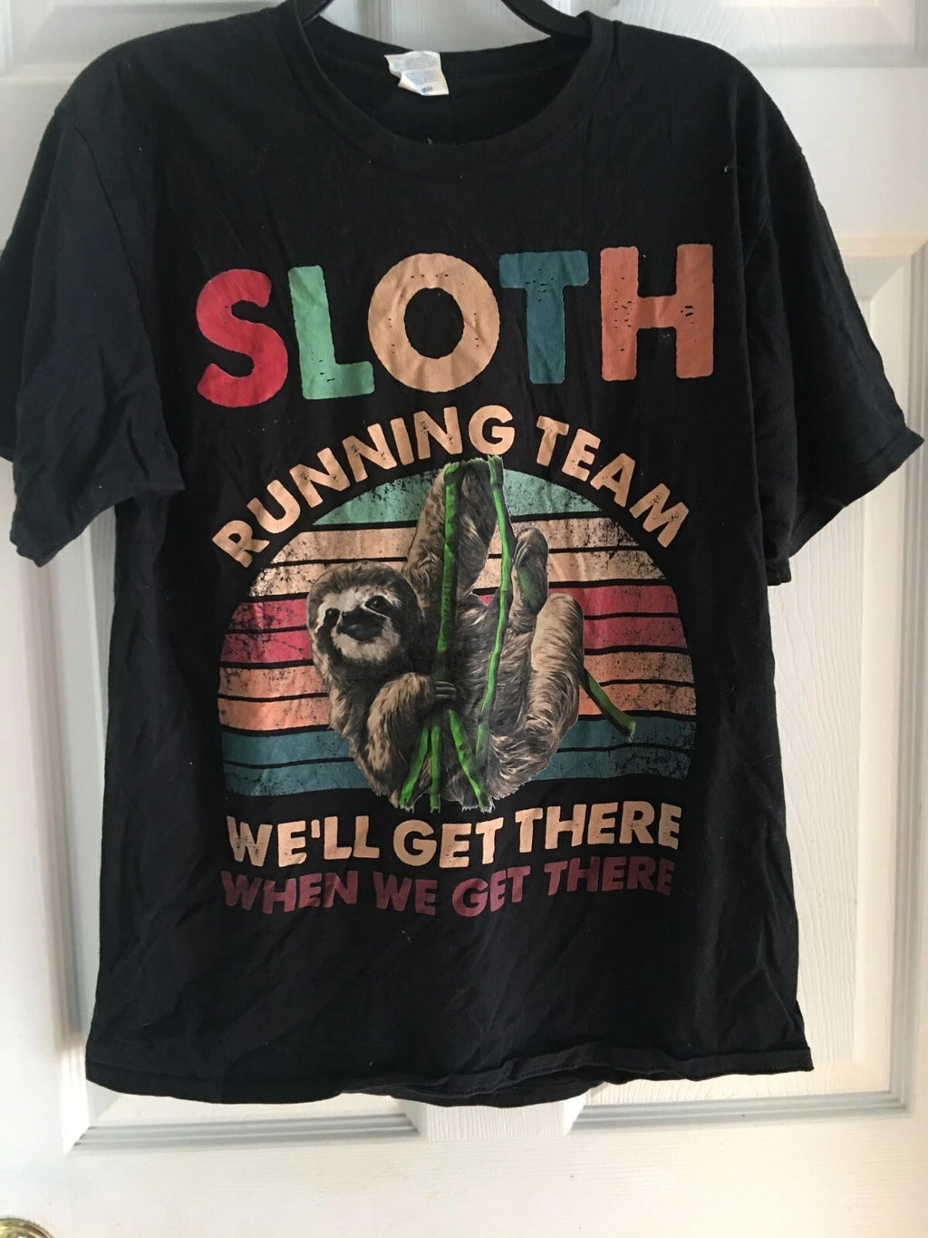 Sloth Running Team "We will get there" T-shirt  Funny Lazy Workout Tee Size M
