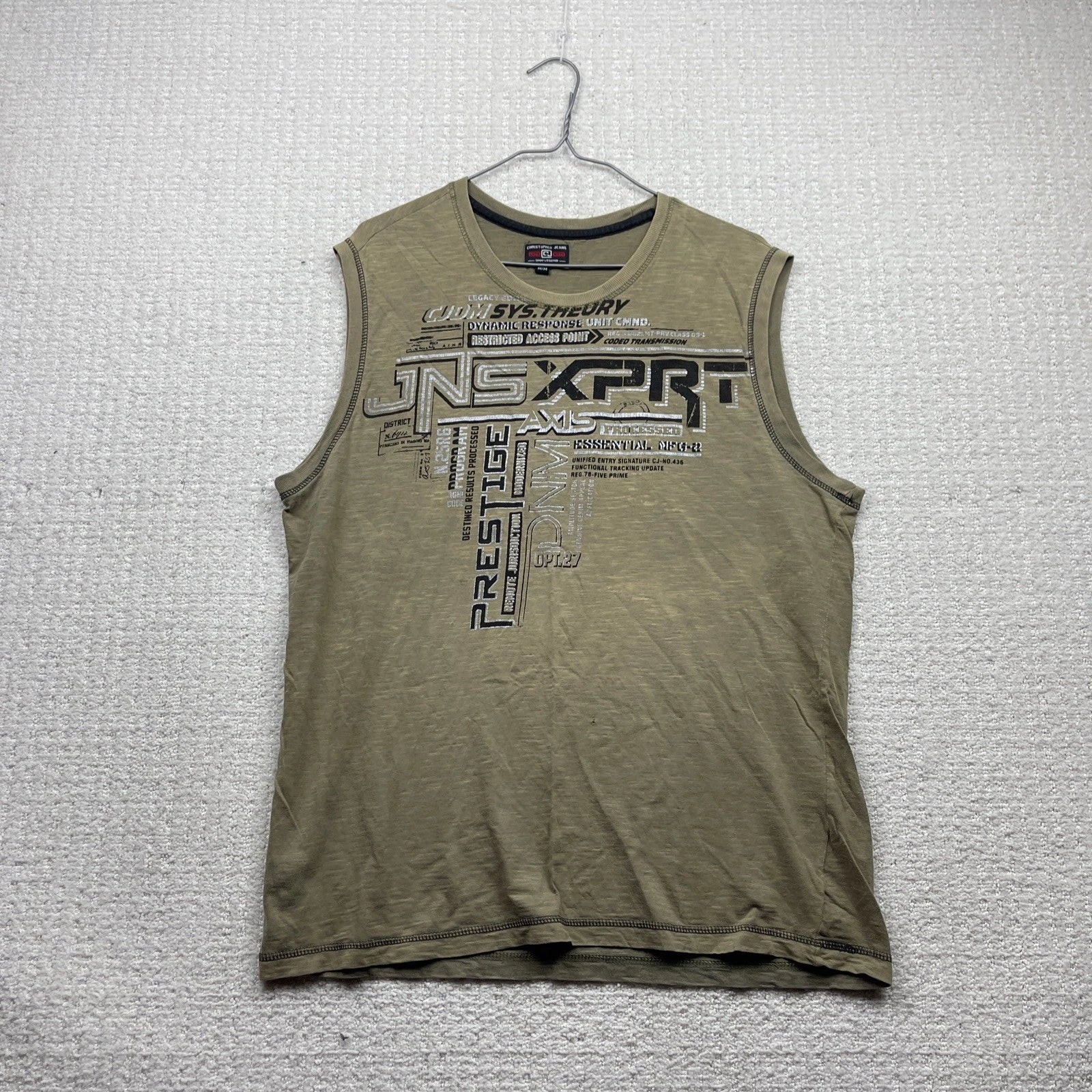 Y2K Christopher Jeans Tank Top Faded Beige / Green Cyber Grunge Skate Sz M Read