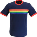 Mens Navy Retro MOD 60s Indie Rainbow Striped Cotton T Shirt