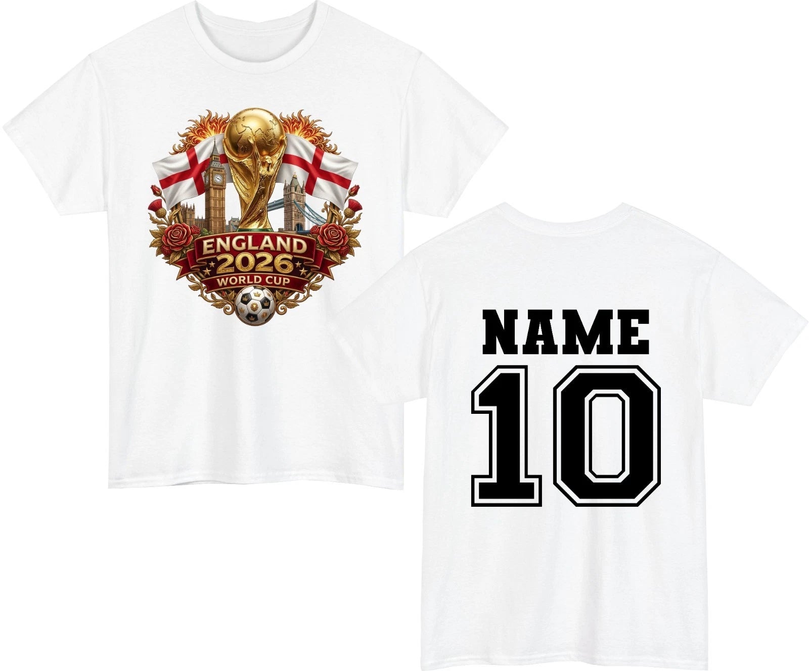 Personalised England Football T-Shirt - Custom Name & Number World Cup 2026 Tee