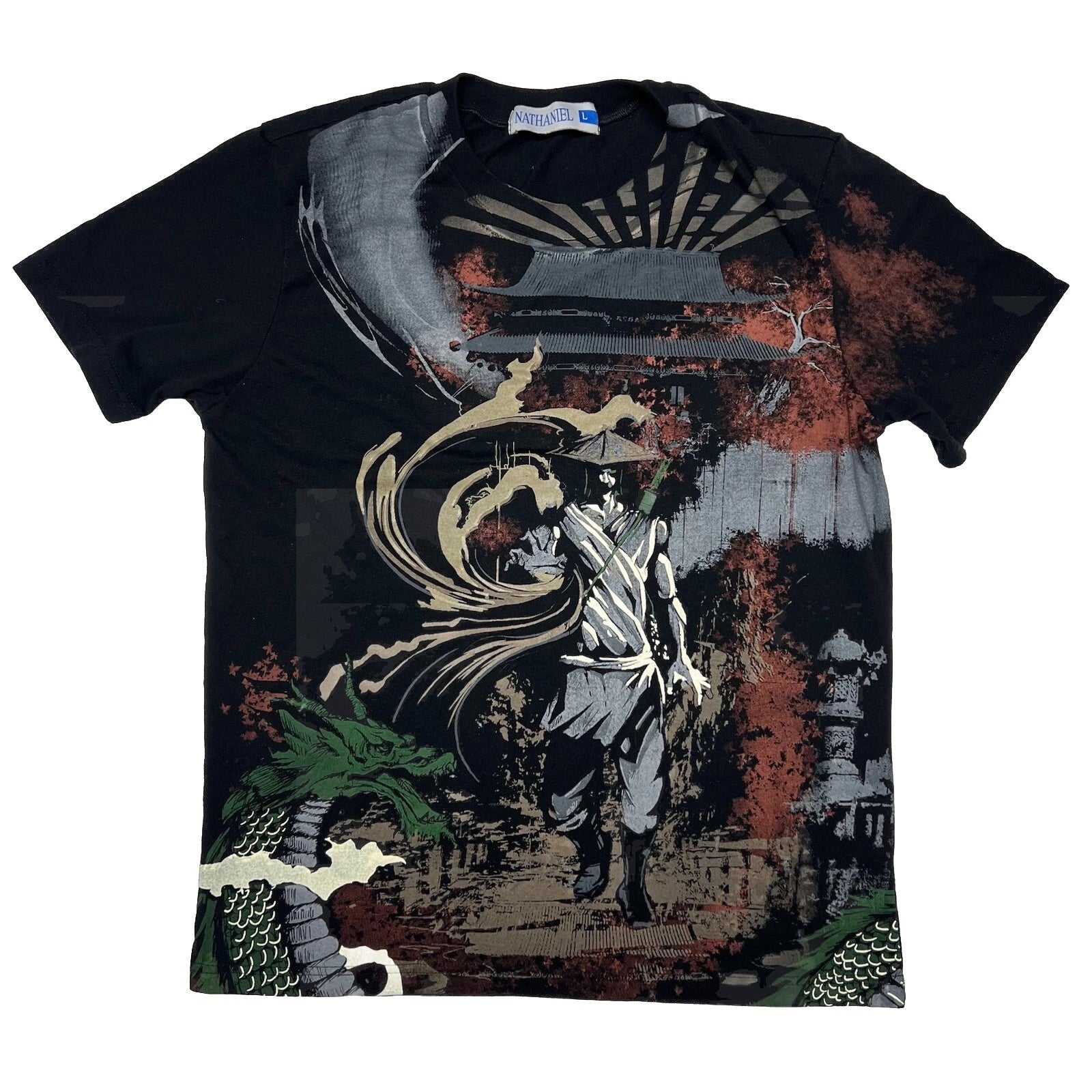 Vintage Y2K T-Shirt Black Tee Samurai  Large Nathaniel *RUNS SMALL*