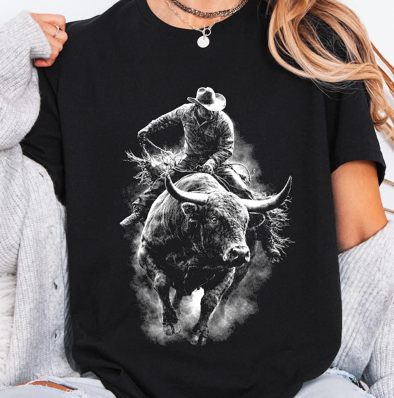 Rodeo Bull Rider Graphic Tee Cowboy Riding Bull Shirt Western T-Shirt