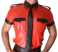 Men's Lamb Leather Short Sleeves Police Shirt Red & Black Trims Sexy Bluf Shirt