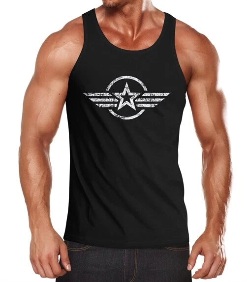 Mens Tank Top Shirt Airforce Symbol Star Army Military Print Emblem