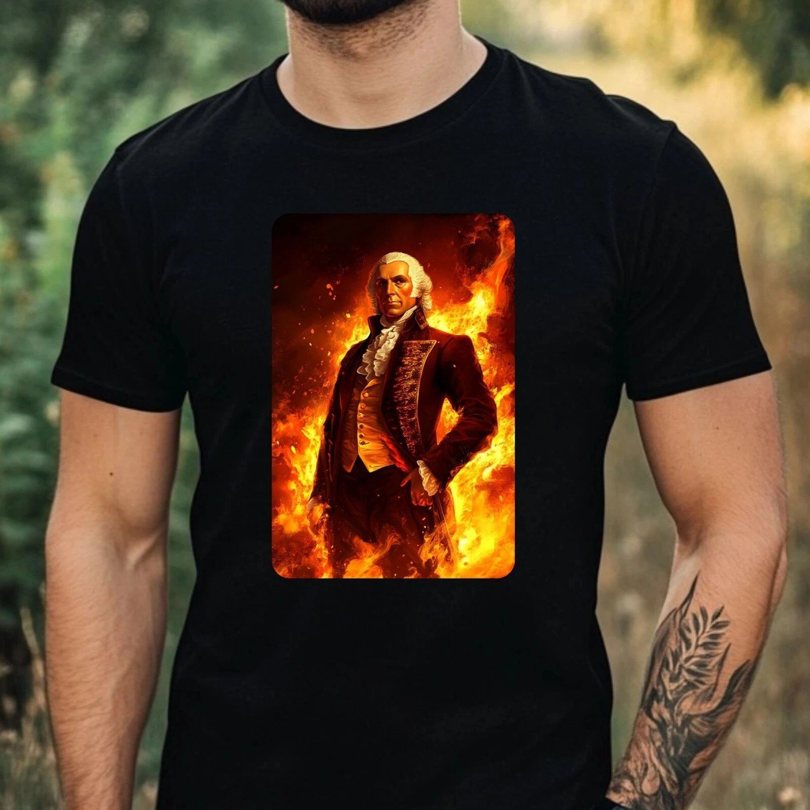 Mens George Washington On Fire Motif Cotton T-Shirt Size XS to 5XL