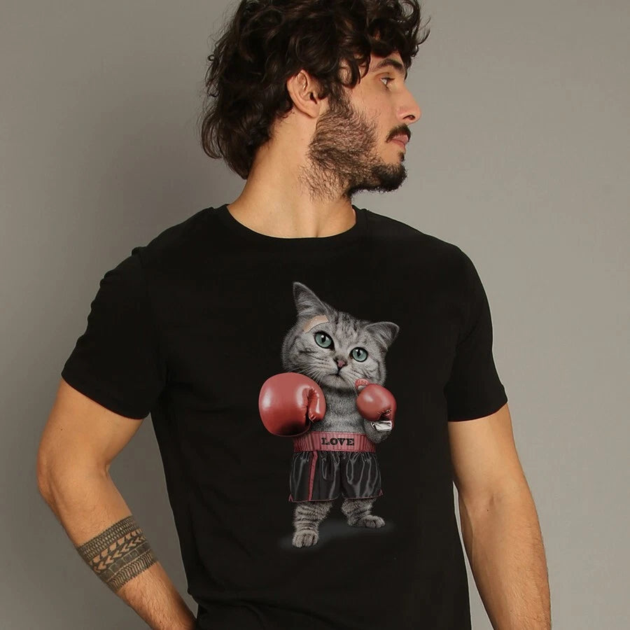 T-Shirt Man short Sleeve Boxing Cat Black
