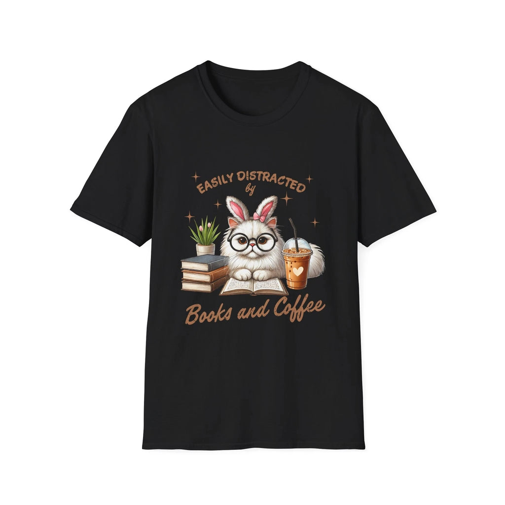 Easily Distracted by Books and Coffee Tee, Cat Lover Shirt, Bookworm Gift, Funny