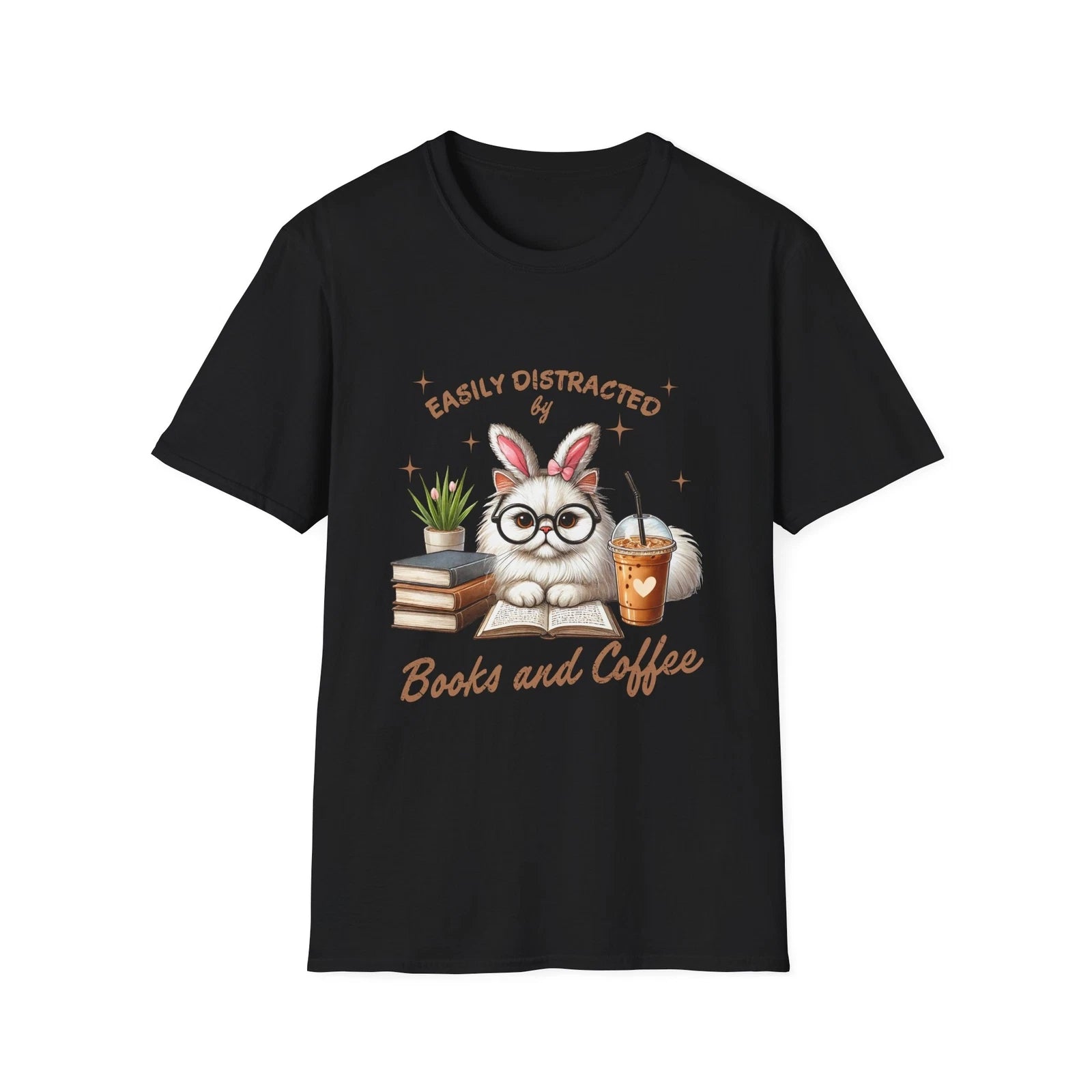 Easily Distracted by Books and Coffee Tee, Cat Lover Shirt, Bookworm Gift, Funny