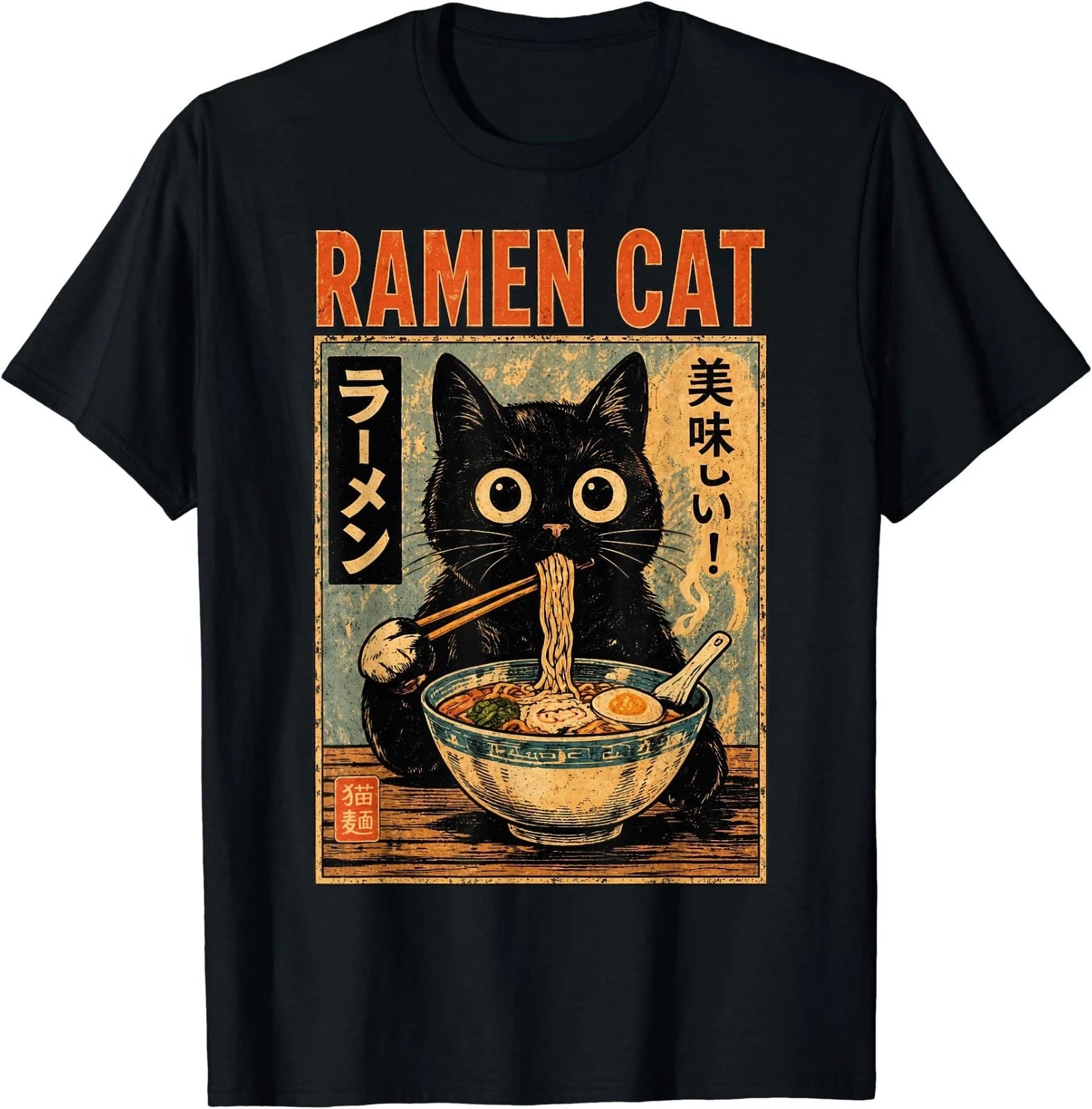 Funny Cat Ramen Graphic Tee Japanese Kawaii Anime Cat T-Shirt
