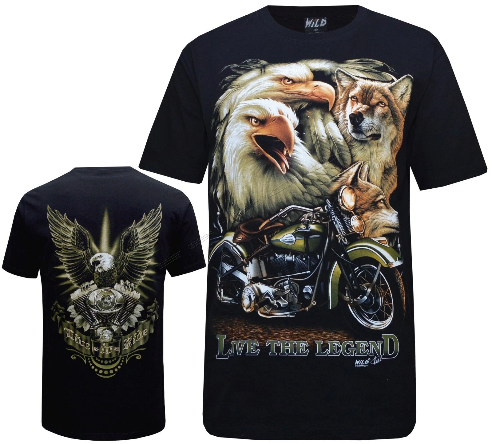 Biker Harley Wolf Eagle Live The Legend Native T-Shirt Front & Back Print S-3XL