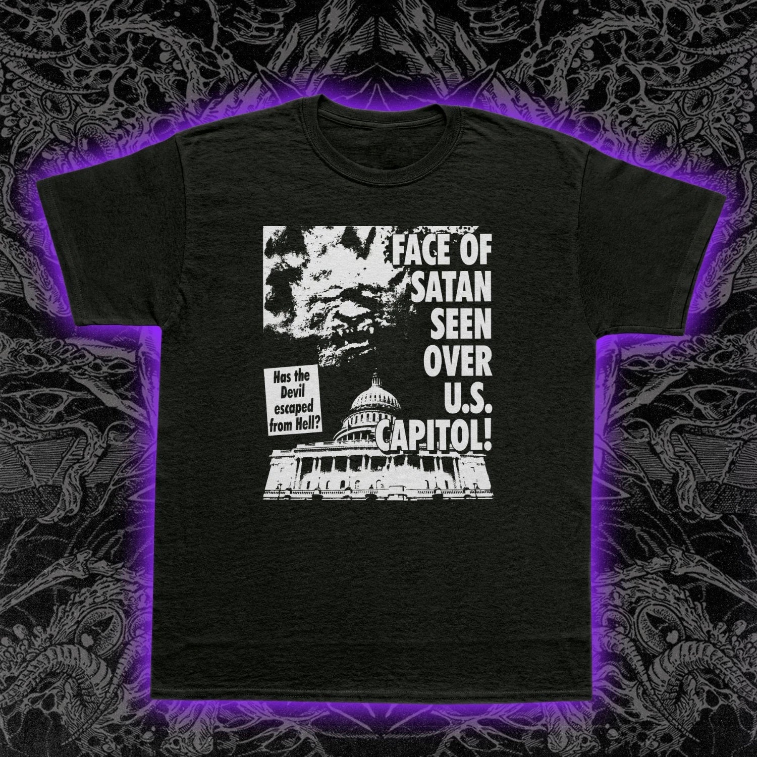 Face of Satan seen over US Capitol T-Shirt Tabloid Political Satire Conspiracy