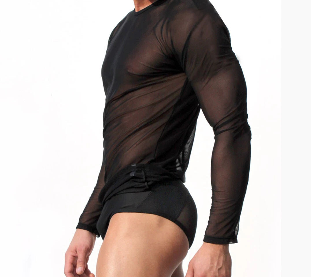 Men's T-Shirts Long-Sleeve Clubbing Shirt Ultrathin Sheer Mesh Men Underwear