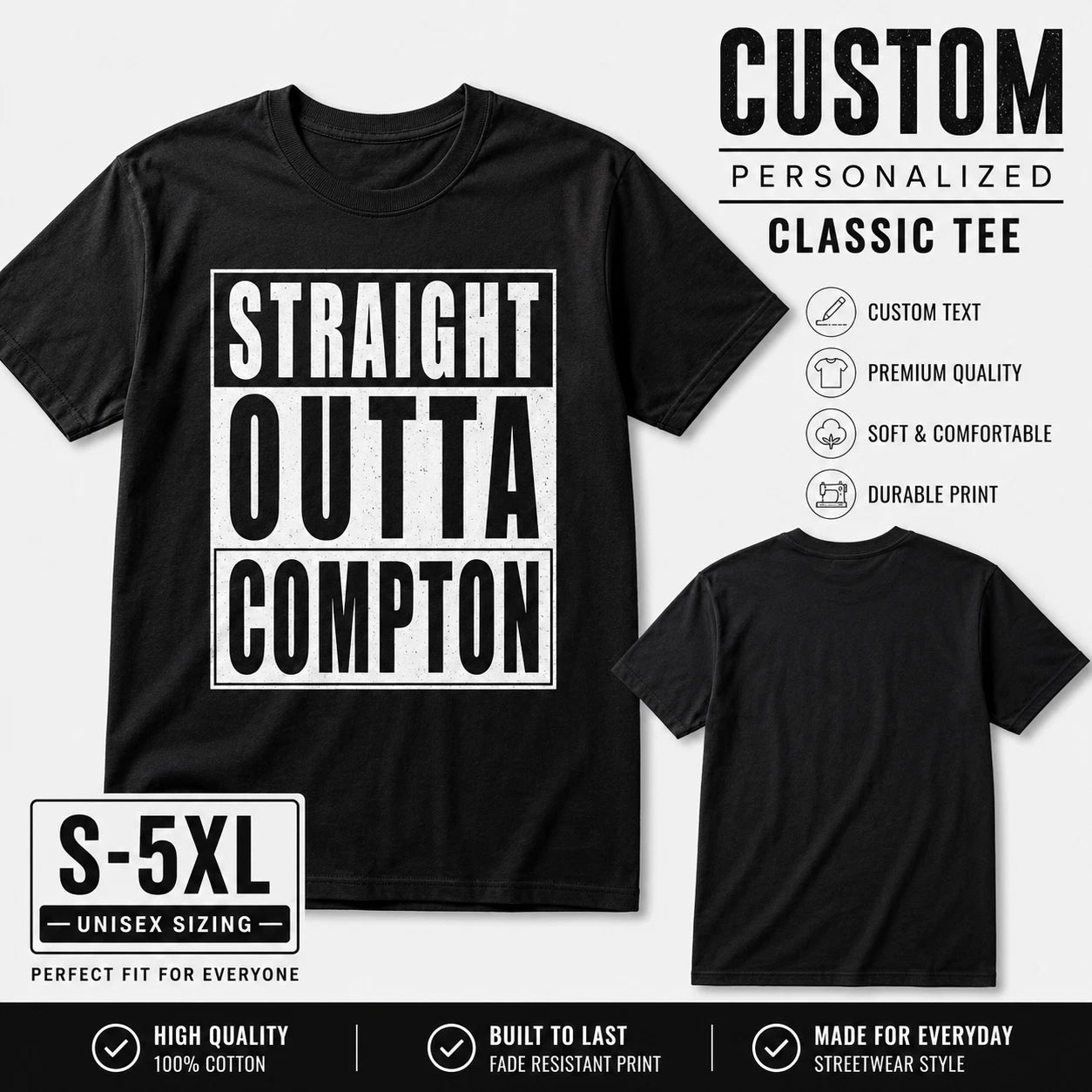 CUSTOM Straight Outta Graphic T-Shirt Compton Personalized NWA Classic Tee S-5XL