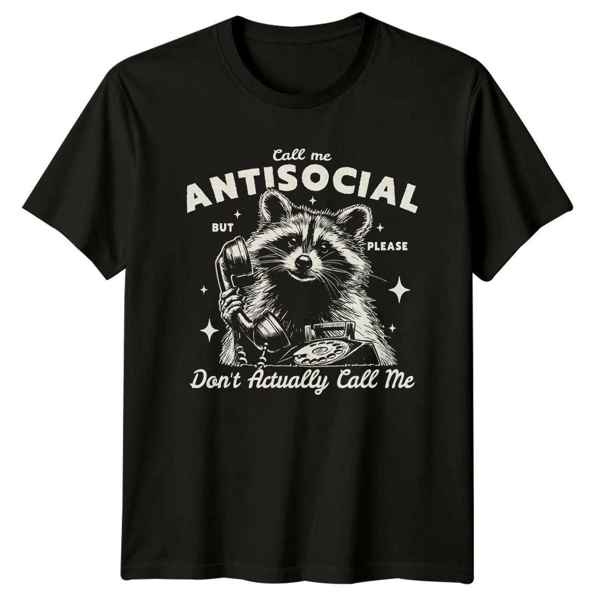 Call Me Antisocial But Please T-Shirt Raccoon Retro Phone Introvert Humor