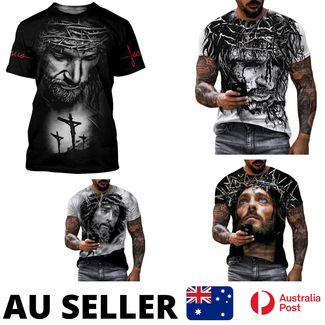 Jesus Shirt Christian 3D Printed Crucifix Faith Cross Saviour - AU Stock
