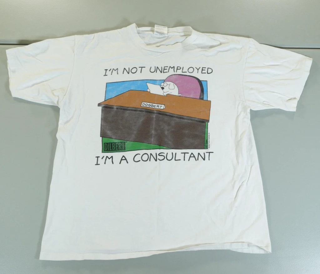Vintage 90s Dilbert Shirt Mens XL White Dogbert Consultant Single Stich USA Made