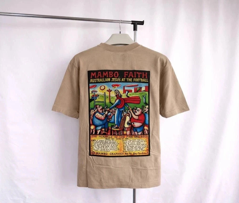Mambo Australia Graphic T Shirt Beige Back Print Surf Skate Mens Size M Vintage