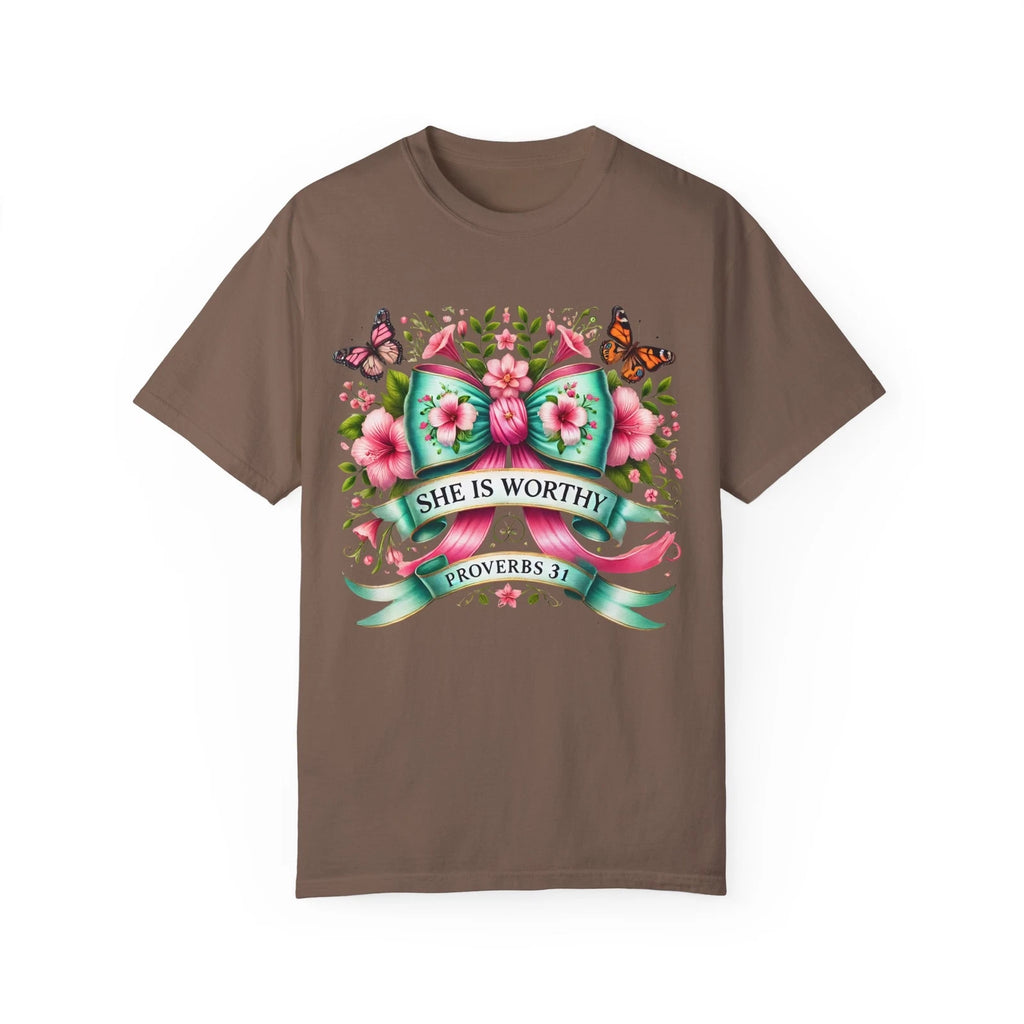 She is Worthy T-shirt, coquette bow butterfly  tee Floral Shirt, Proverbs 31