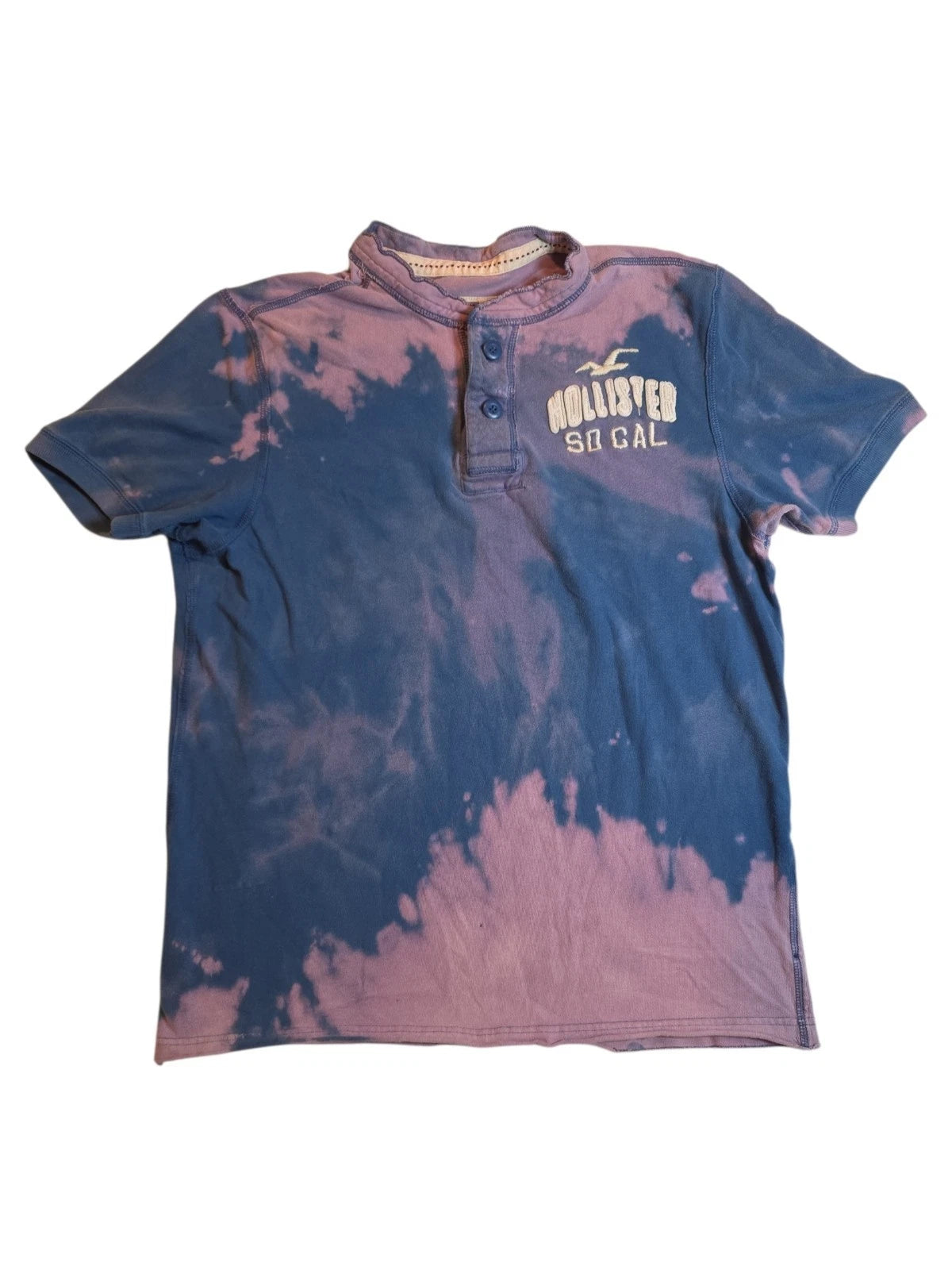 Hollister California Henley T Shirt Mens XL Blue Pink Bleach Tie Dye Distressed