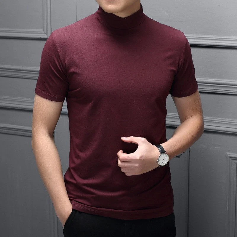 Men's Slim Fit Half High Collar Short Sleeve T-Shirt in Polyester Solid Colors