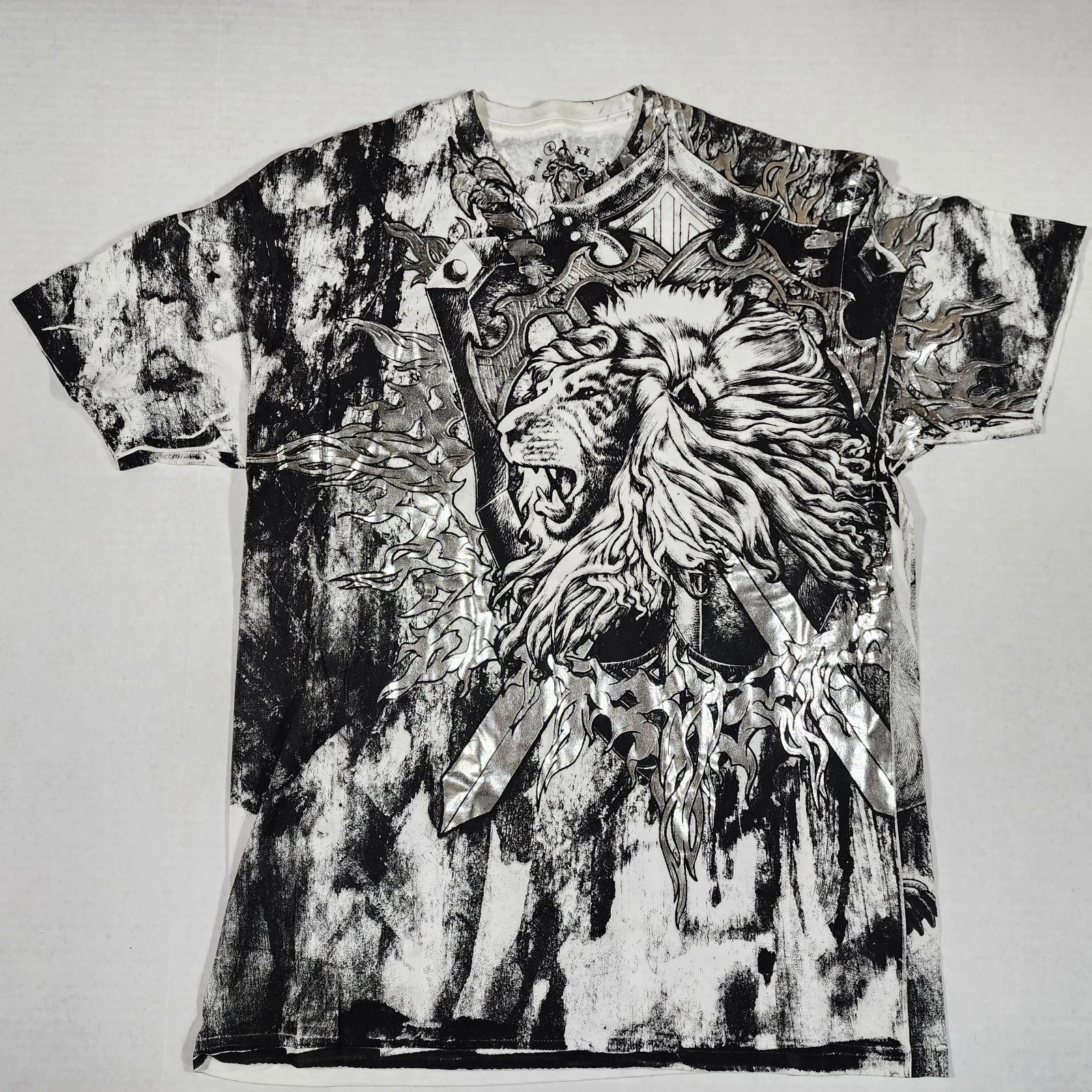 Blak Black Lion Y2K Graphic All Over Print T Shirt Silver Metallic Sword Mens L