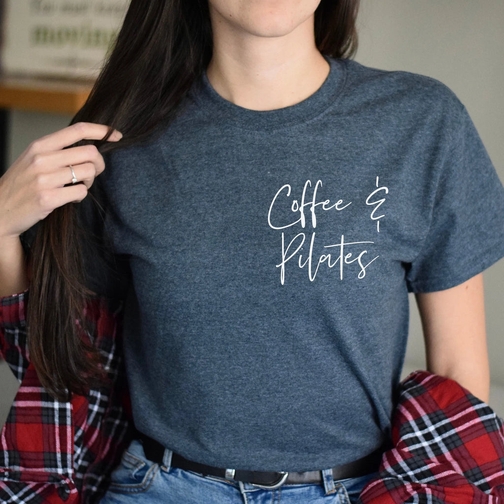 Coffee and Pilates pocket Unisex T-shirt Pilates teacher tee Black Navy Dark Hea