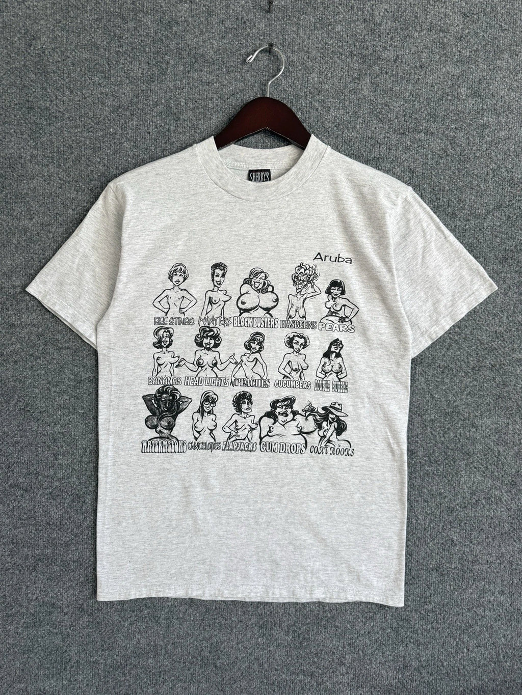 Vintage Boobs Comedy T Shirt Sz M 90s Raunchy NSFW Aruba Funny Gray Cartoon Joke