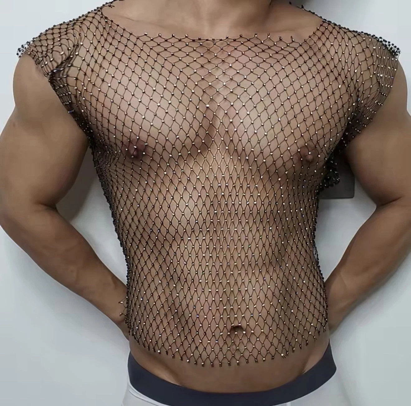 New Men Sexy Tank Top Fishnet Rhinestone Shiny Mesh Vest See Through Sleeveless