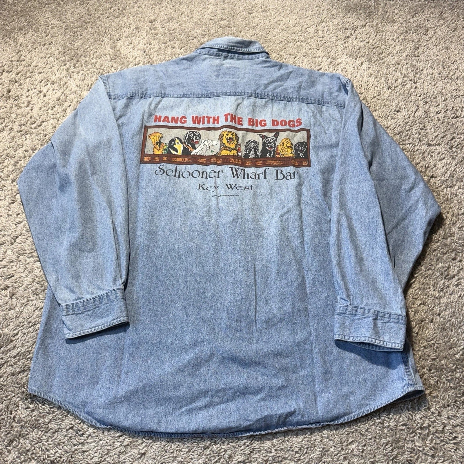 Key West Schooner Wharf Bar VTG Denim Shirt Mens XL Blue Double Sided Dogs