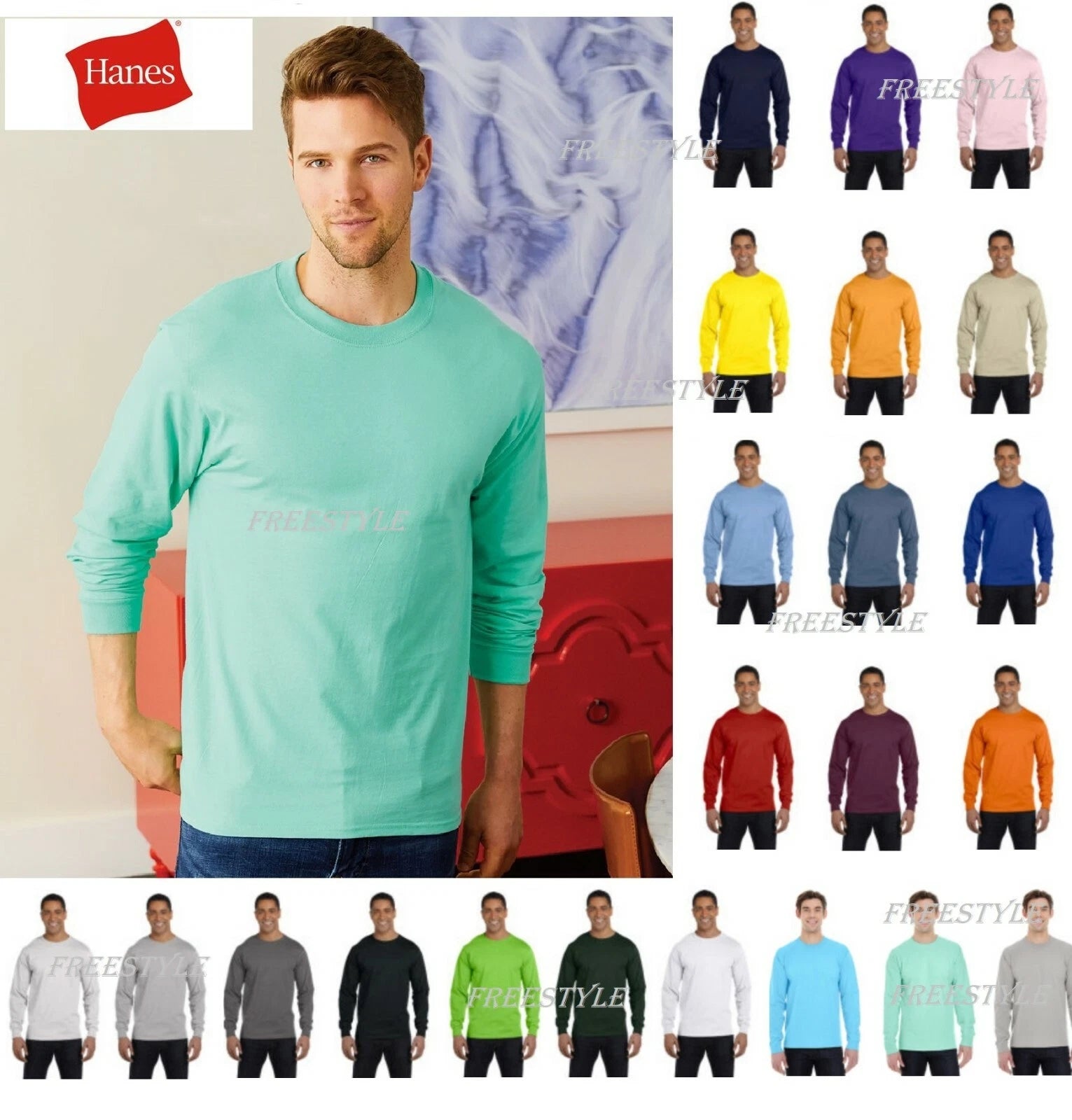 Hanes Beefy Long Sleeve double-needle stitching S-3XL size T-Shirt 5186 NEW SALE