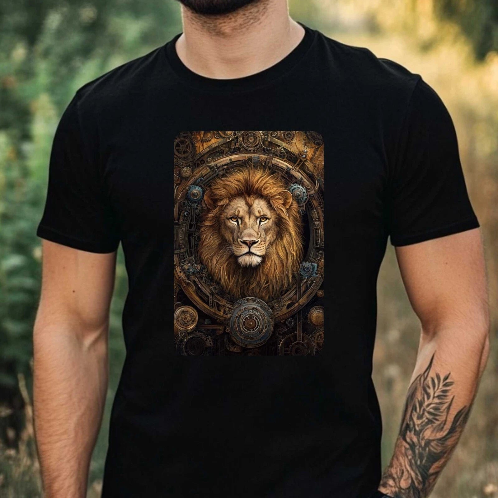 Mens Steampunk Lion Motif Cotton T-Shirt Size XS to 5XL