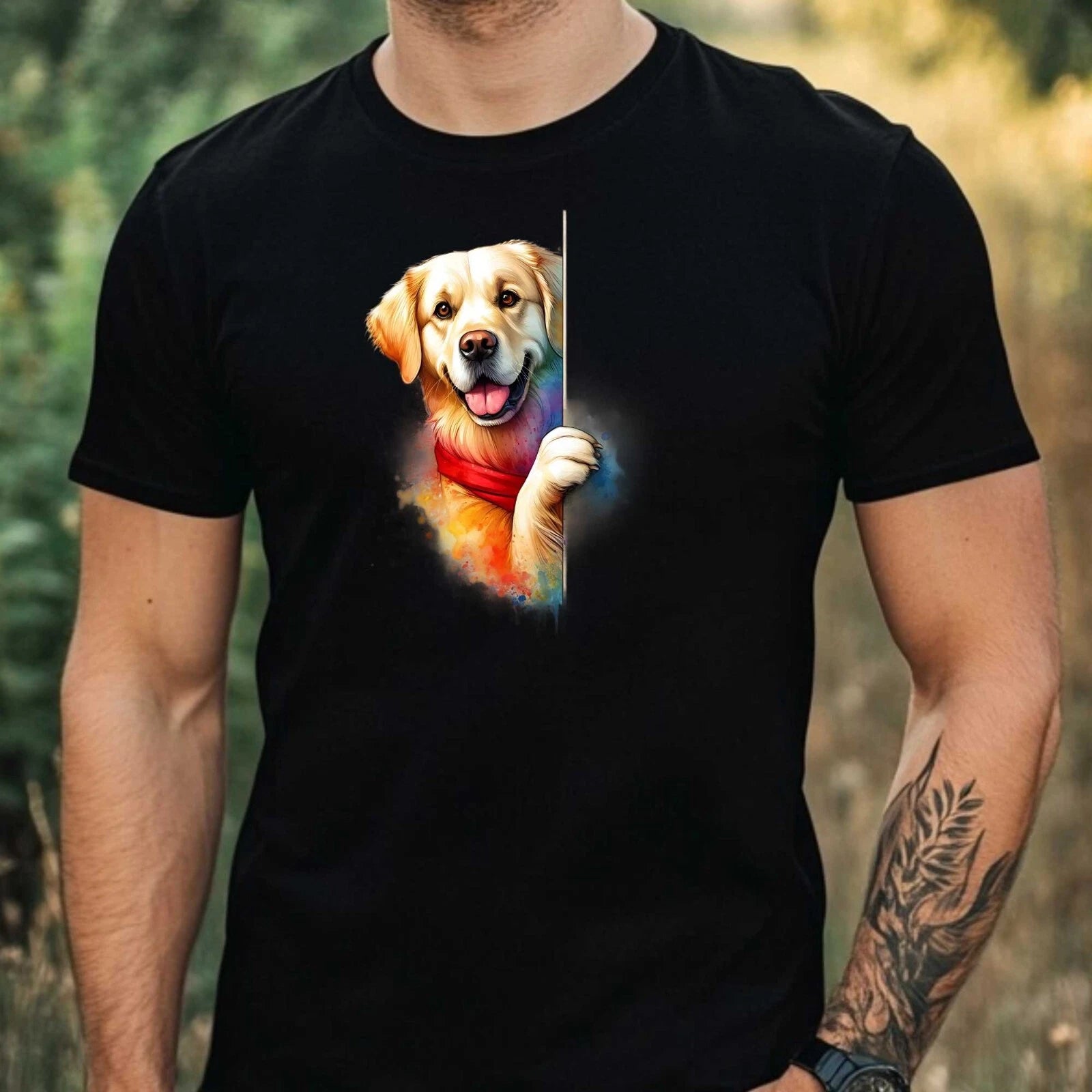 Mens Dog Looking Watercolour Motif Cotton T-Shirt Size XS to 5XL