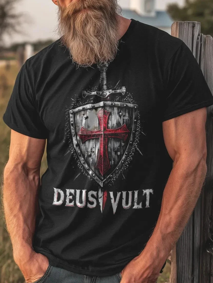 Deus Vult Crusader Shield T-Shirt Templar Cross Christian Warrior Graphic Tee