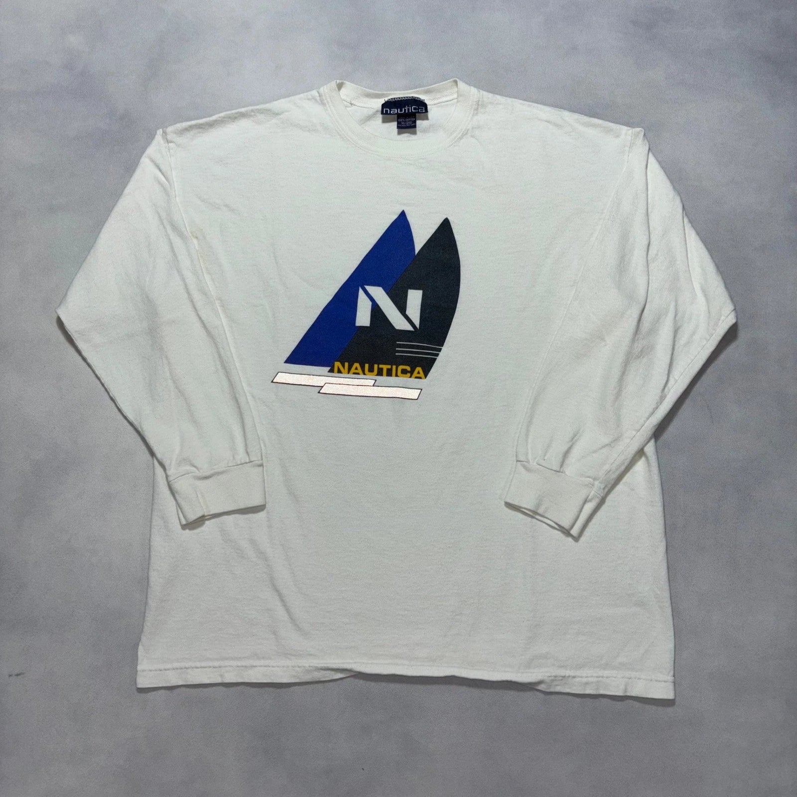 Vintage 90s Nautica Long Sleeve T-Shirt Men's Medium White Sail Surf Made in USA