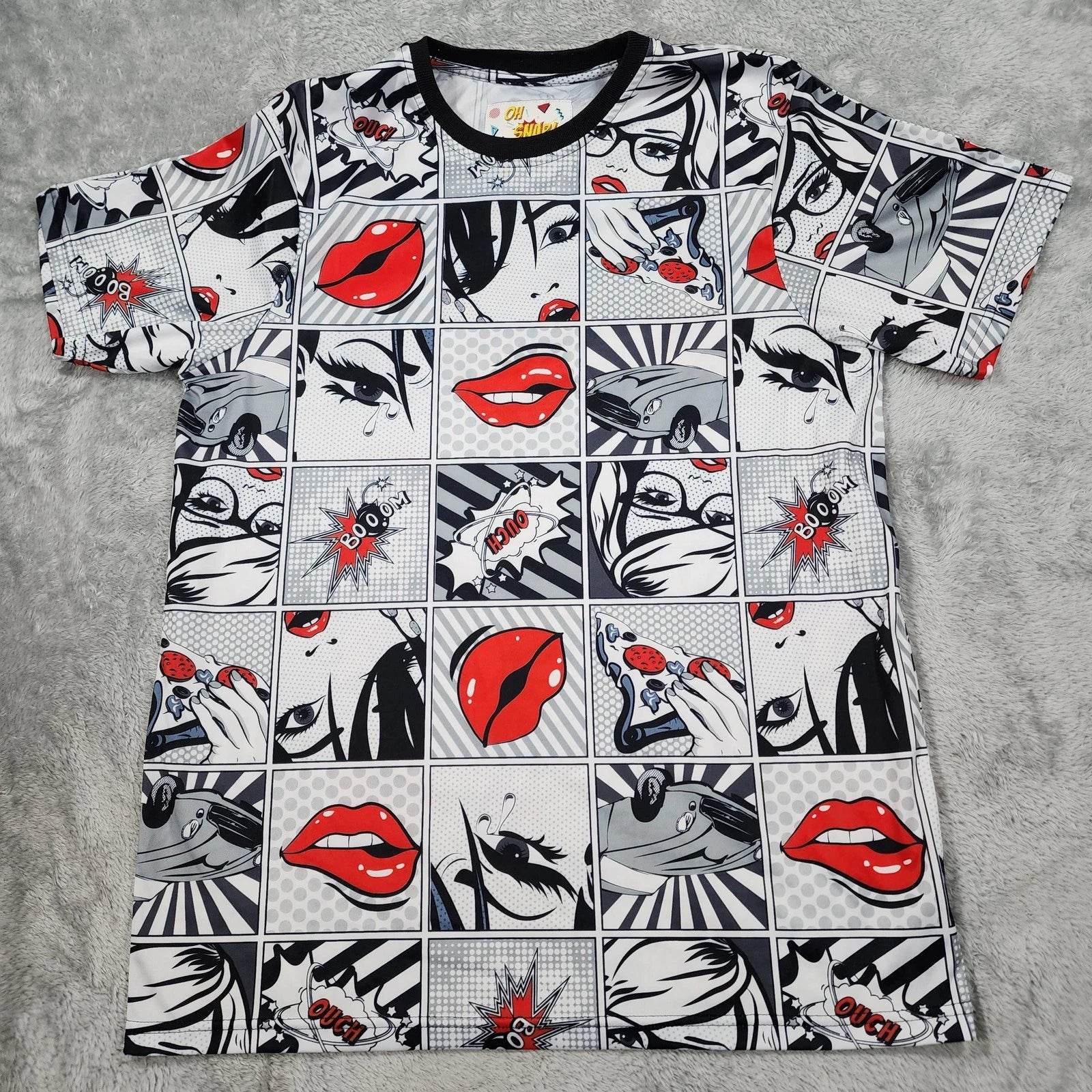 Oh Snap Shirt Mens Medium Pop Art Comic Graphic Lips Crying Car Pizza Polyester