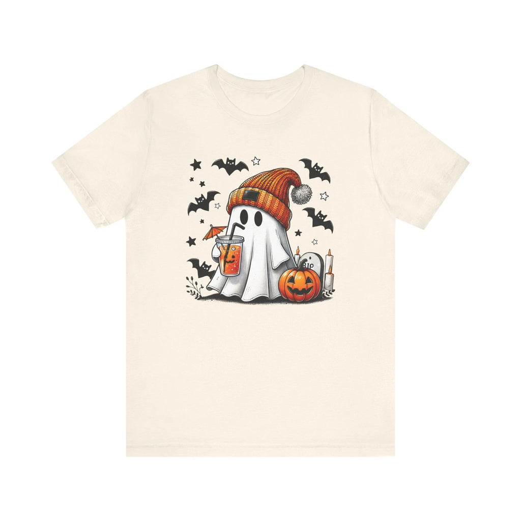 Cute Halloween Ghost Sipping Coffee T-Shirt Short Sleeve Womens