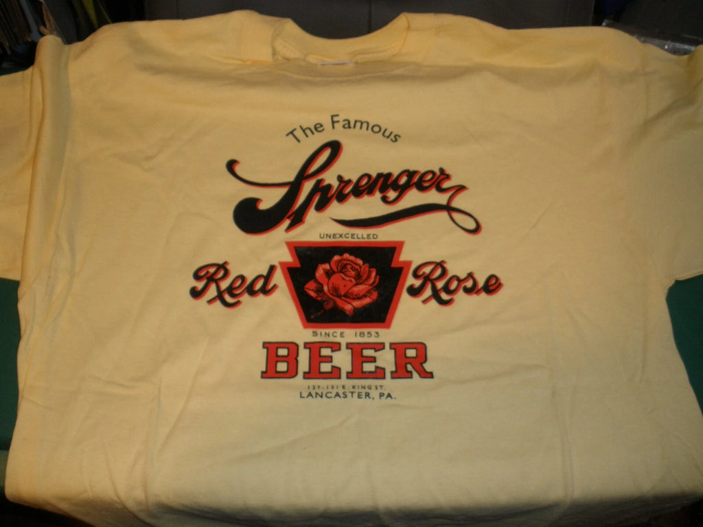NEW Men's XL Short Sleeve Yellow T-shirt The Famous Sprenger Red Rose Beer