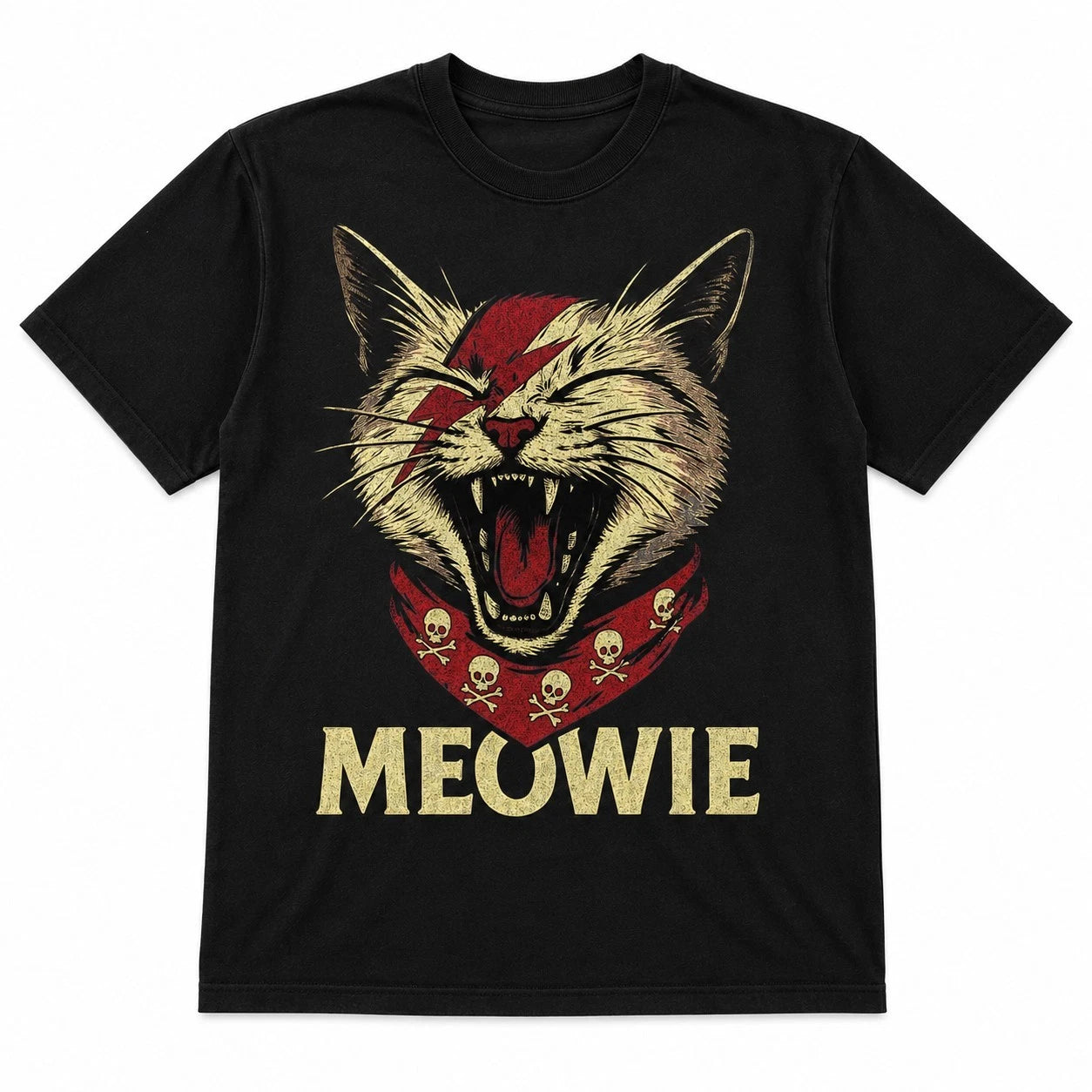 Meowie T-Shirt Funny Cat David Bowie Parody Graphic Tee Mens Black Vintage UK