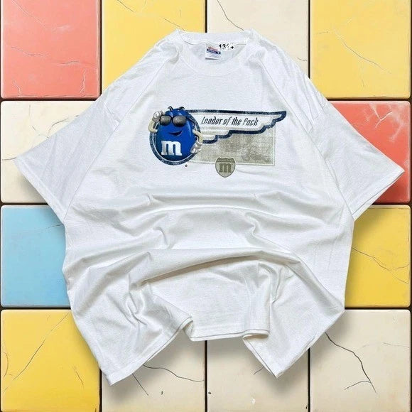 Vintage M&M Candy Cartoon Tee Y2K Men XL White Leader Of The Pack Promo Shirt