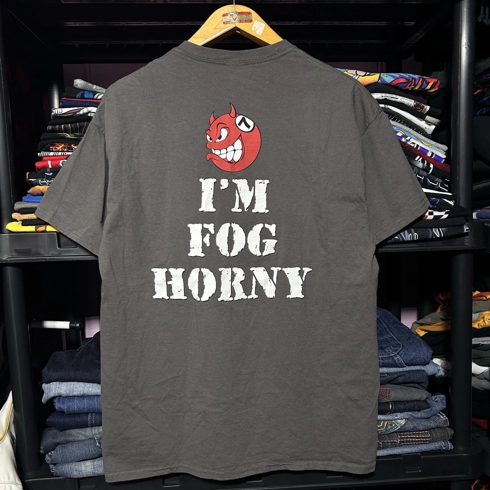 Y2K FogHorns Panama Beach Fog Horny Adult Humor Devil Graphic T-Shirt Size L