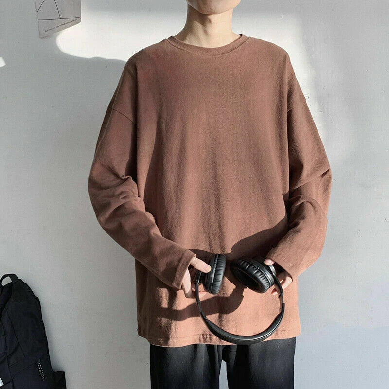 Men Solid T-shirt Tops Undershirt Crew Neck Long Sleeve Casual Loose Autumn