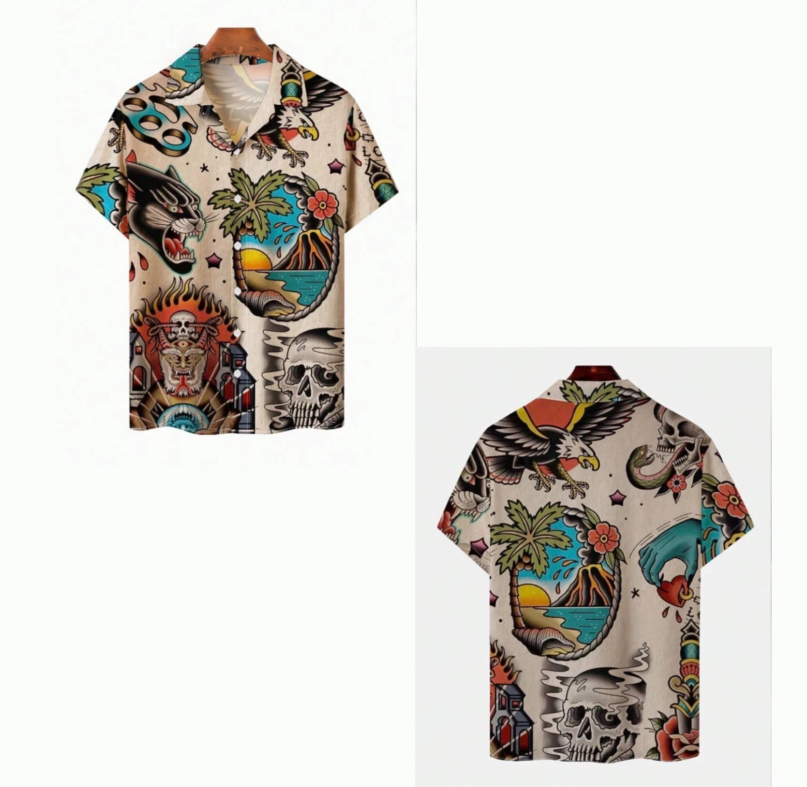 Hard addy Tattoo Skull Tiger Eagle Beach Button Up Y2K Summer Hawaiian 2026