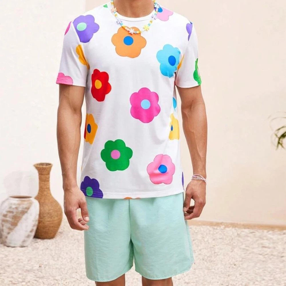 Mens Short Sleeve T Shirt Polyester Fabric with Colorful Floral Prints