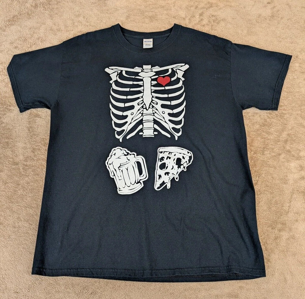 Skeleton Ribs with Pizza and Beer Black Graphic T-shirt Sz Large