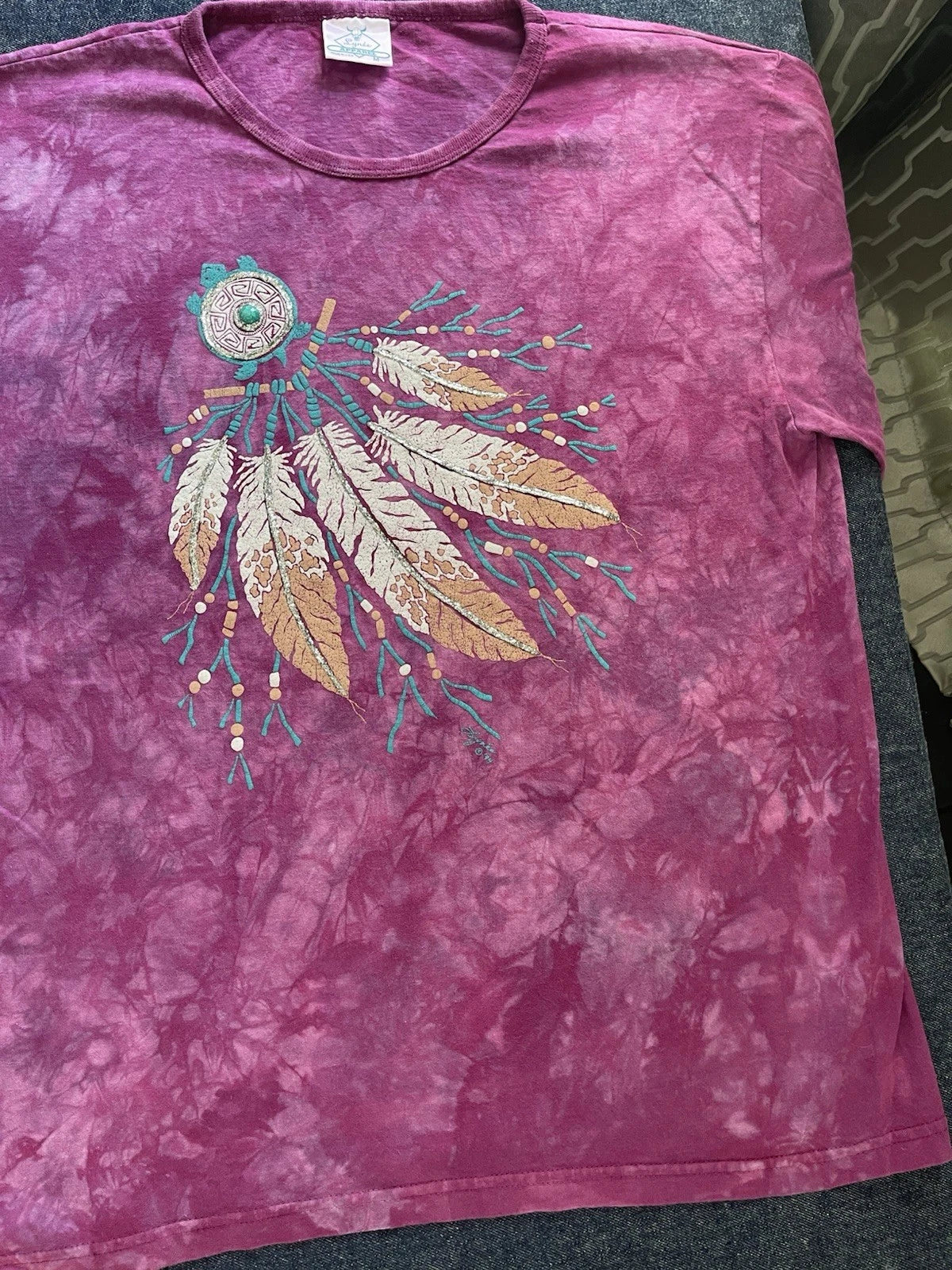 Vintage 90s Tie Dye T Shirt Dreamcatcher Southwestern Graphic USA Made Boho Med